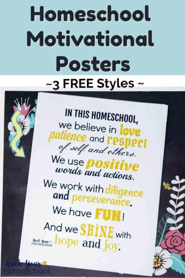 Homeschool poster with positive statements to inspire & encourage in navy & yellow fonts on black chalkboard paper with floral accents