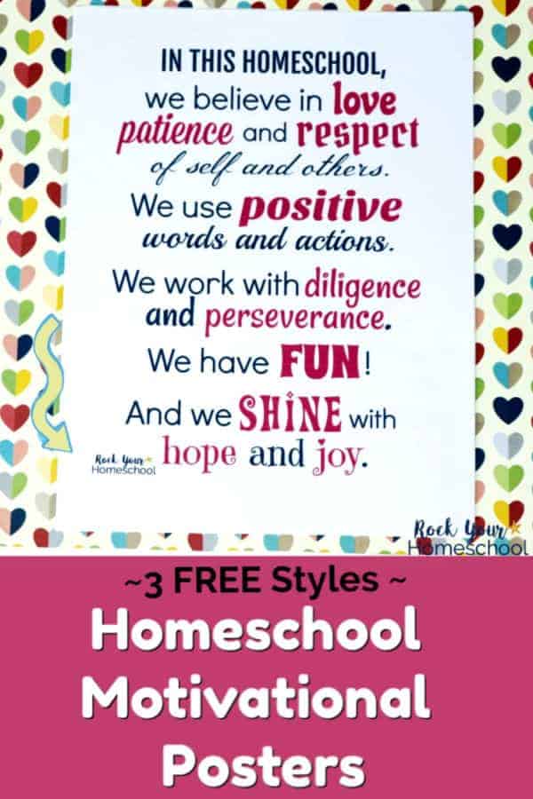 Homeschool poster filled with positive statements to inspire & motivate in navy & bright pink fonts on multi-colored hearts paper