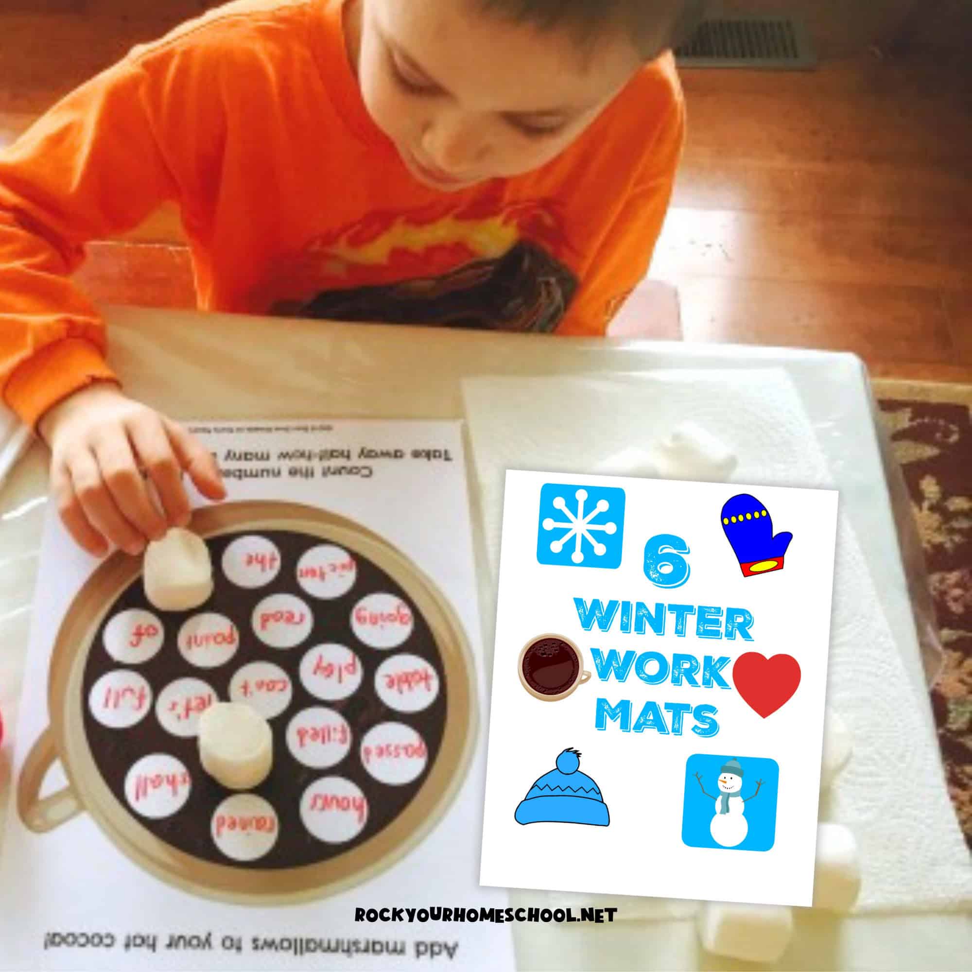 Boy using marshmallows for hot cocoa-themed winter work mat for sight words.