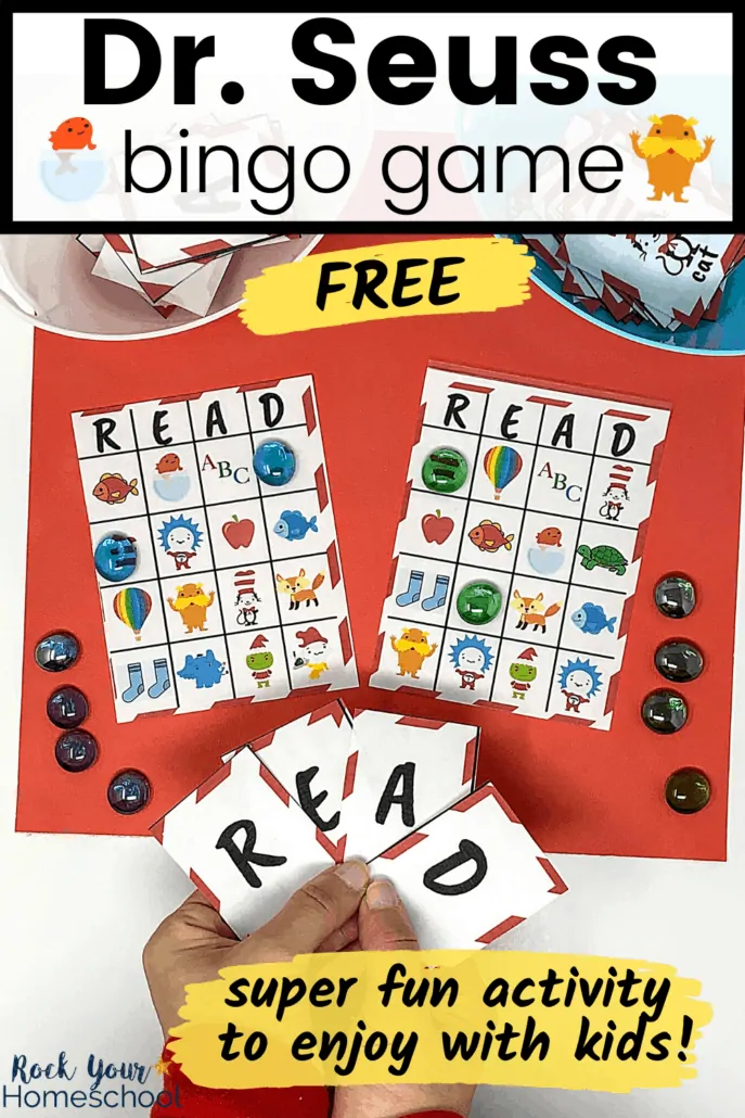 Woman holding R-E-A-D calling cards for free Dr. Seuss Bingo Game for fantastic fun with kids