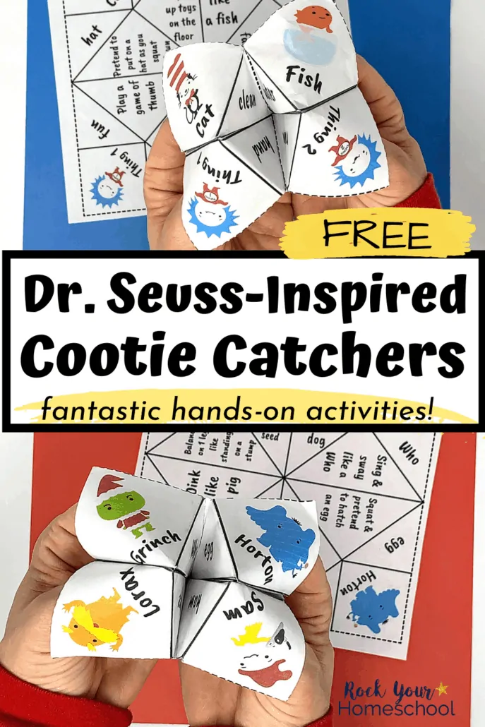 2 Dr. Seuss Cootie Catchers for easy, hands-on activities with your kids. Super fun free Dr. Seuss printables!