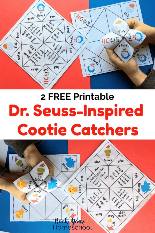 2 printable Dr. Seuss-Inspired cootie catchers being held by boy with red & blue background
