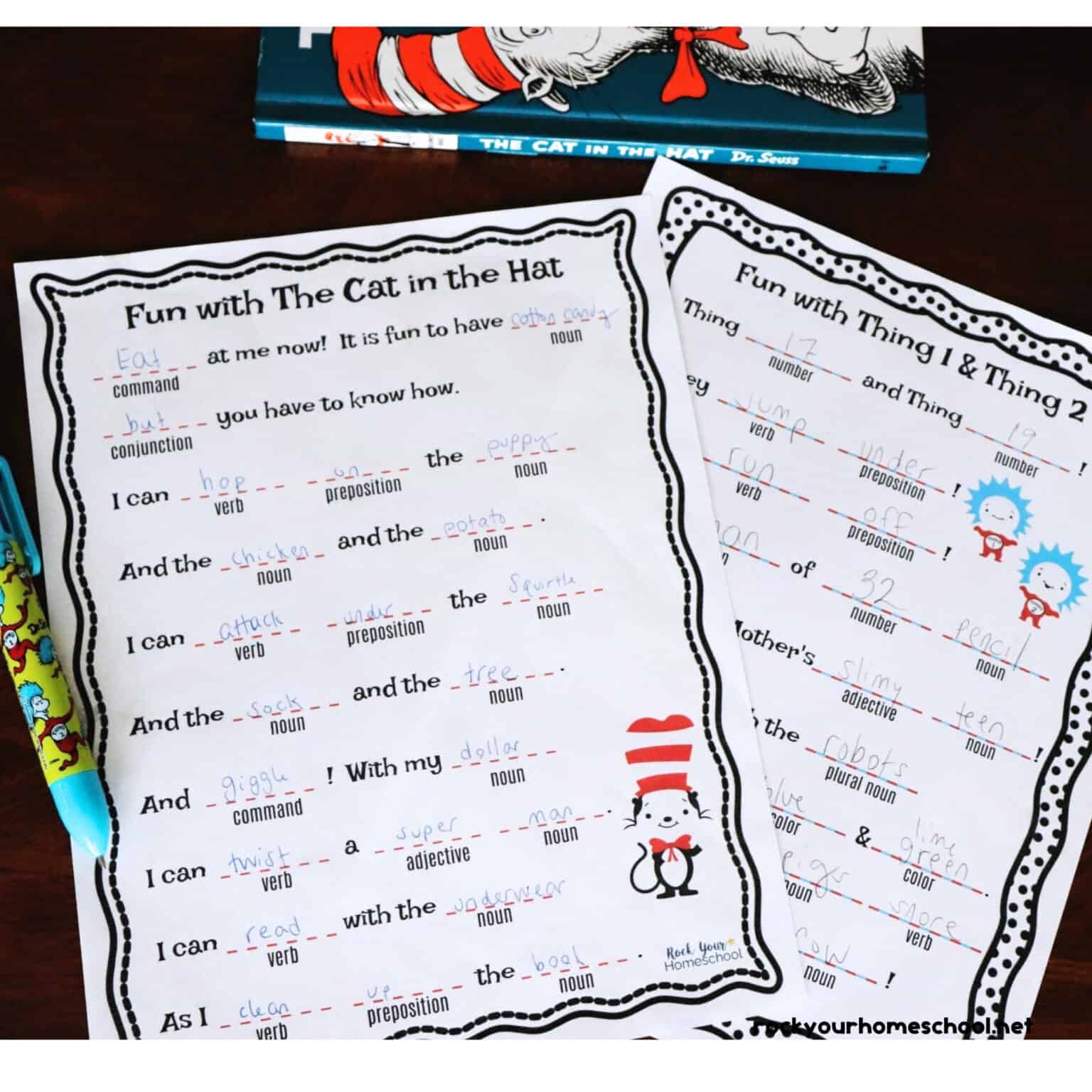 Two pages of free printable Dr. Seuss-Inspired Mad Libs featuring The Cat in the Hat and Thing 1 and Thing 2.