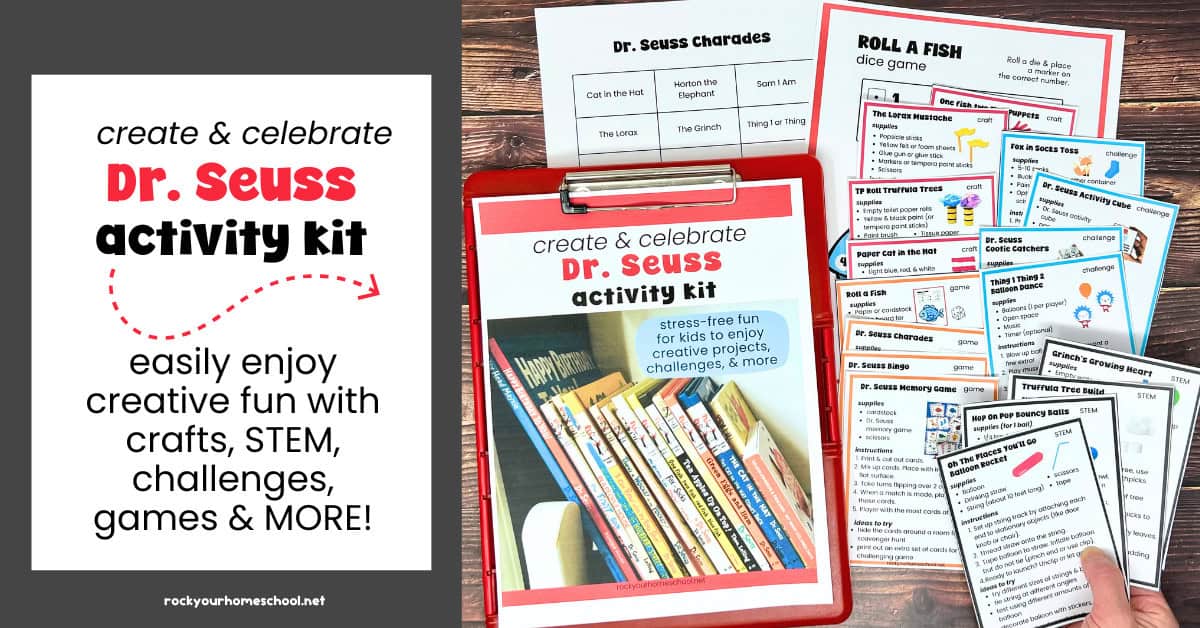 Create & Celebrate Dr. Seuss Activity Kit for kids cover with woman holding STEM project cards and examples of crafts, challenges, and games in background.