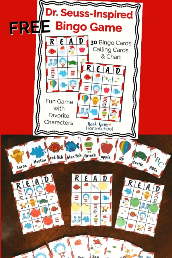 cover of Dr. Seuss-Inspired Bingo Game printable pack on red background and Dr. Seuss-Inspired bingo game cards on dark wood desk