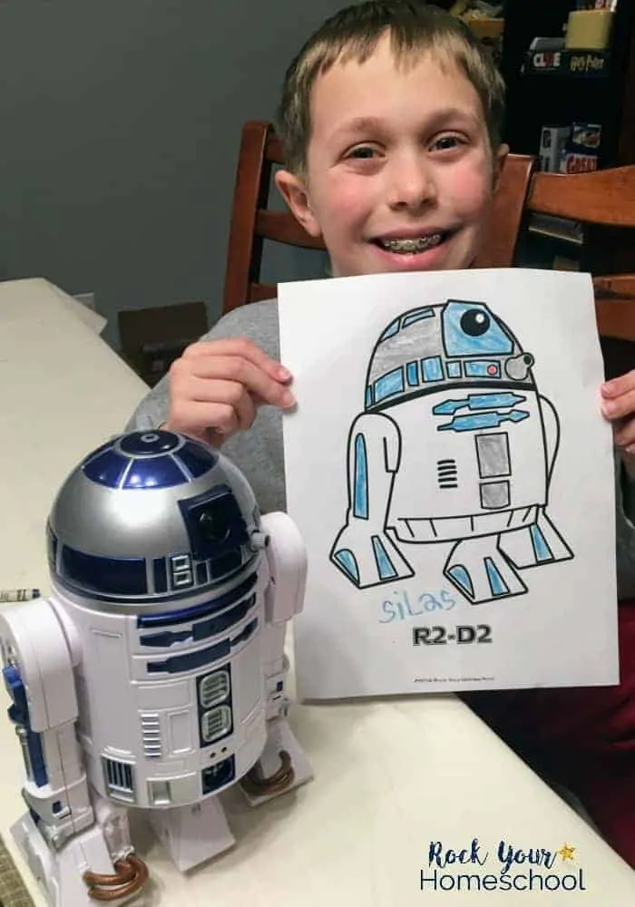 Boy with R2-D2 and Star Wars coloring page