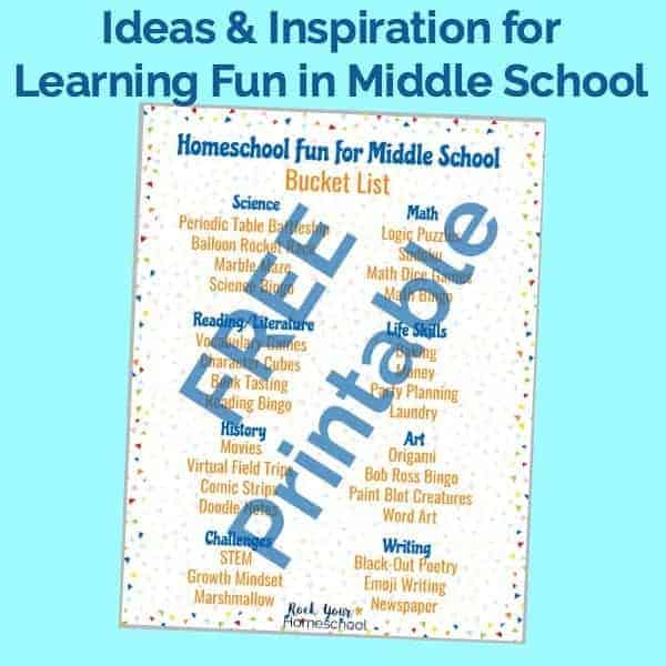 Get ideas & inspiration for learning fun in homeschool middle school with this free printable Homeschool Fun for Middle School Bucket List.