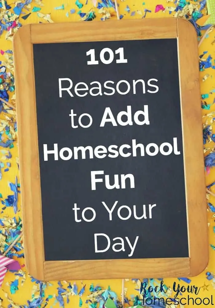 White lettering about homeschool fun on chalkboard with confetti background