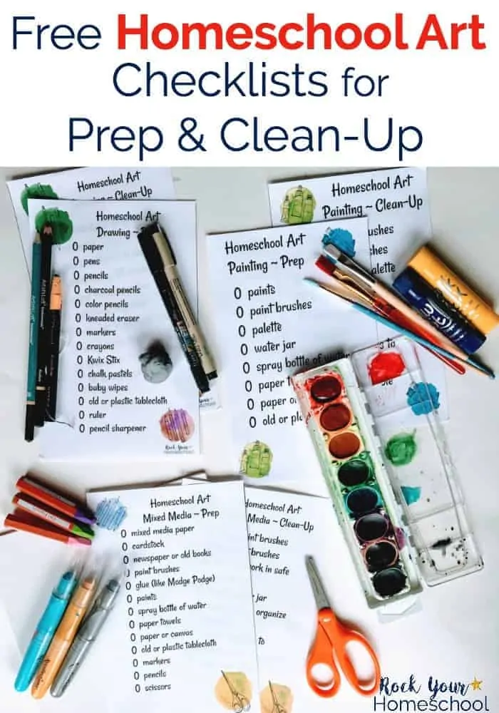 Art supplies with checklists for clean-up & prep