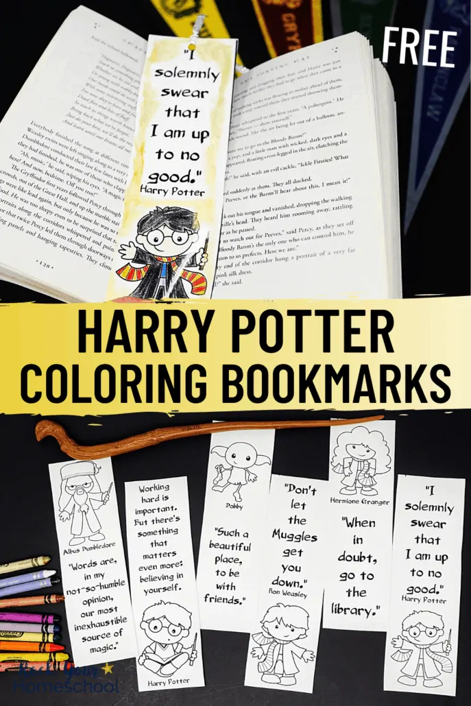Harry Potter coloring bookmark with Harry Potter book and pencils &amp; Harry Potter coloring bookmarks with crayons &amp; wand to feature the magical learning fun you can have with these free Harry Potter printables