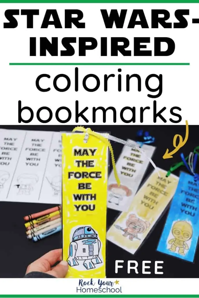 Woman holding a Star Wars-Inspired coloring bookmark featuring Rs-D2 with other coloring bookmarks &amp; crayons to feature the variety ways of to have Star Wars reading fun with kids