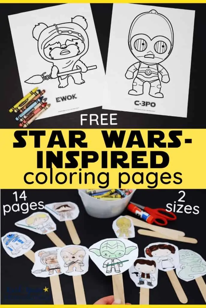 Free Star Wars-Inspired coloring pages featuring Ewok & C-3PO and crayons and small-sizesd figures colored & glued onto wooden craft sticks to feature all the awesome ways to have fun with these free Star Wars coloring activities