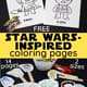 Free Star Wars-Inspired coloring pages featuring Ewok and C-3PO and crayons and small-sizesd figures colored and glued onto wooden craft sticks.