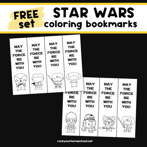 Two pages of free printable Star Wars coloring bookmarks with May The Force Be With You.