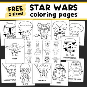 Examples of 12 Star Wars coloring pages in 2 sizes.