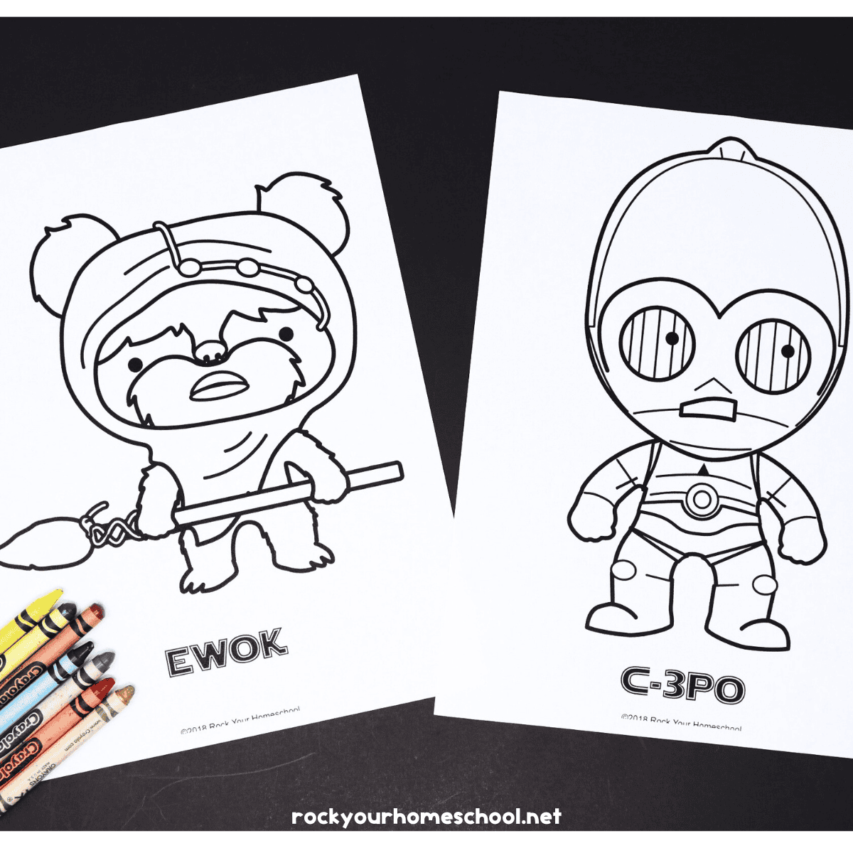 Examples of free printable Star Wars coloring pages featuring Ewok and C-3PO.