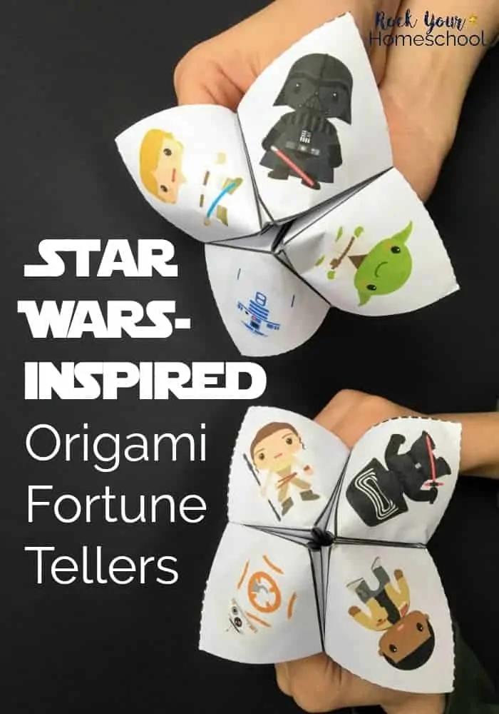 2 paper origami fortune tellers with Star Wars Characters on black background