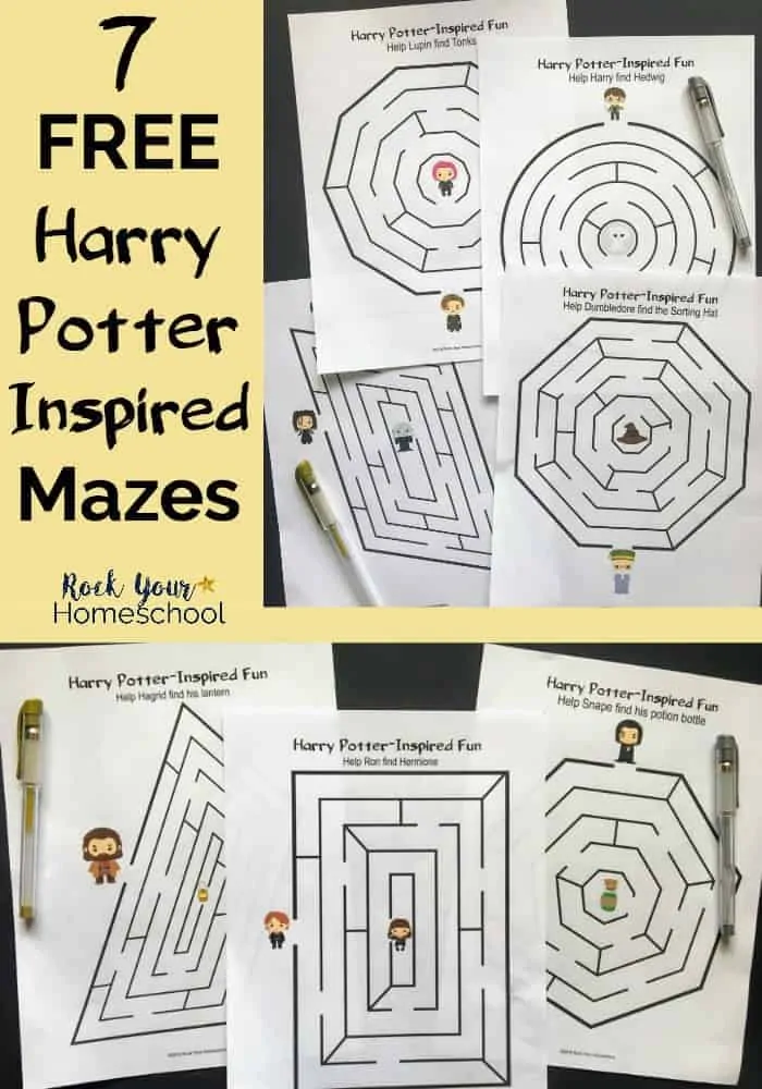 7 Harry Potter mazes as printables on black background