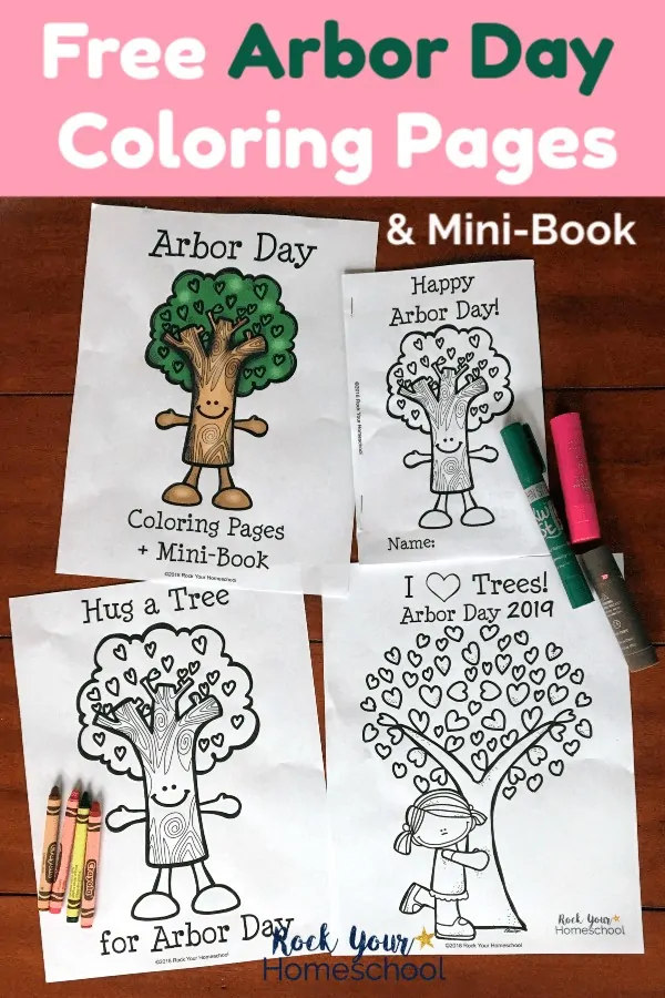 Free Arbor Day coloring pages and mini-book on dark wood with crayons & Kwik Stix