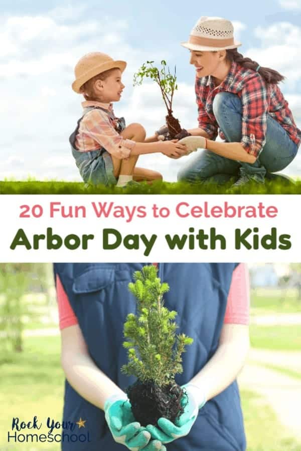 Mom with sunhat, red plaid shirt, and jeans kneeling down &amp; holding a young tree with her daughter who is smiling &amp; wearing a pink plaid shirt &amp; denim overalls &amp; kneeling on grass with blue sky background and child holding young pine tree seedling &amp; wearing a navy vest &amp; pink T-shirt