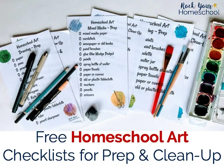 Make homeschool art time easy with these free checklists for prep and clean-up. Great resources to help your kids learn how to take care of their art supplies &amp; build good habits.