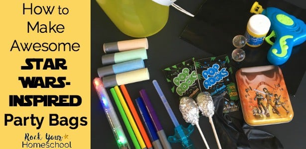 Star Wars part snacks and more like Pop Rocks, pencil lightsabers, yellow bucket, and chalk lightsabers