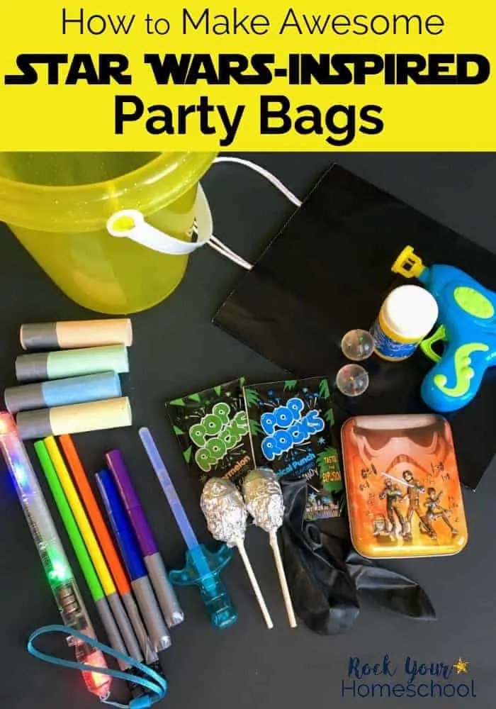 how to make Star Wars party bags with chalk lightsabers, Pop Rocks, Star Wars playing cards, lightsaber pencils, and more