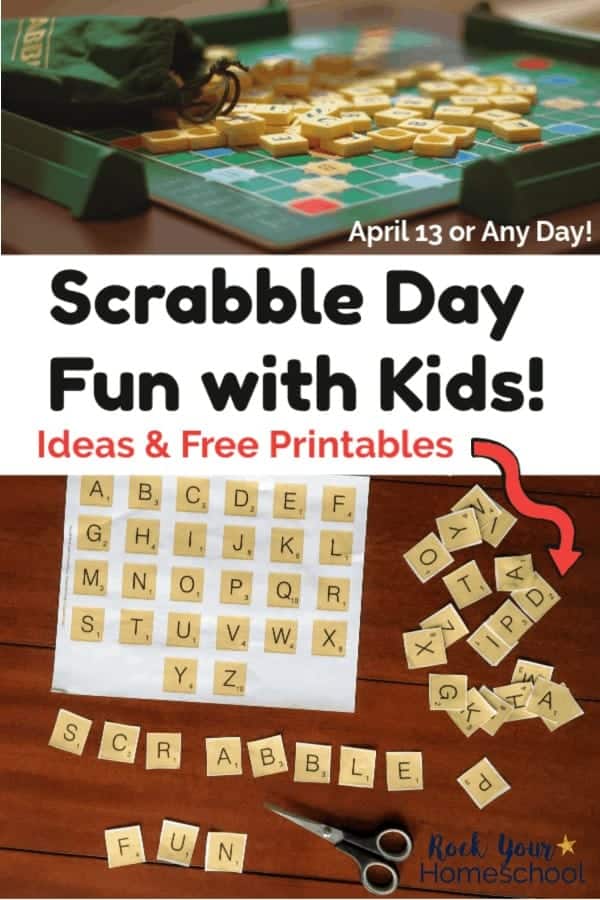 Scrabble game, tiles, & bag and free printable Scrabble Day Fun with scissors on dark wood