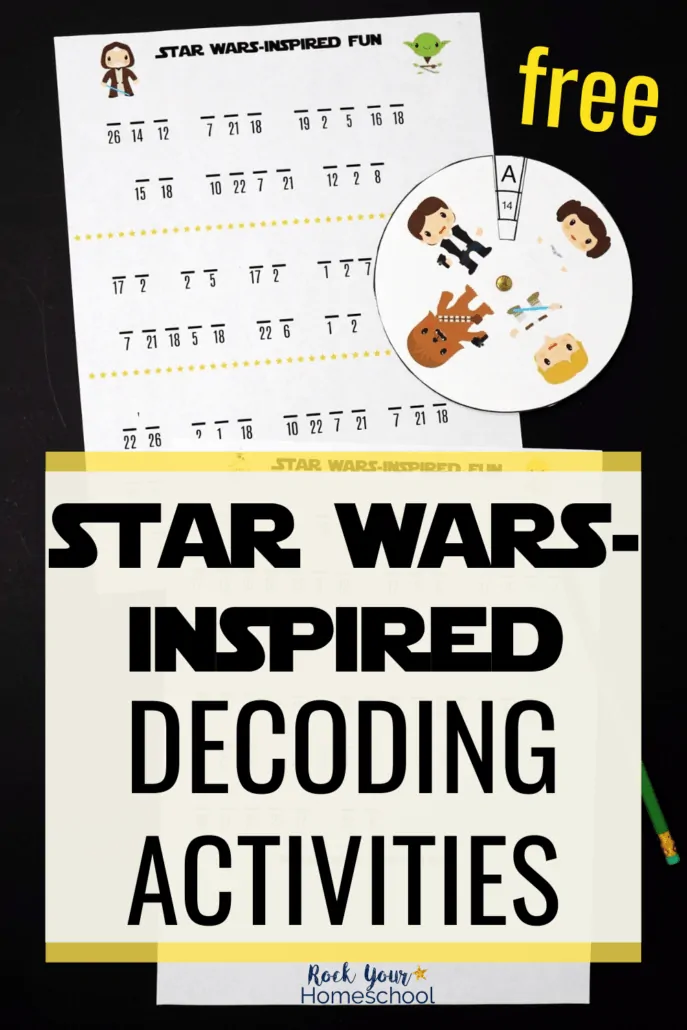 Star Wars-Inspired decoding activities with decoder featuring Han Solo, Princess Leia, Chewbacca, Luke Skywalker, Obi-Wan Kenobi, and Yoda to highlight the fun challenges to be had with these free printable Star Wars-Inspired Decoding Activities
