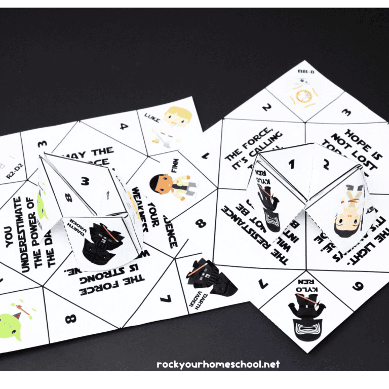 Two examples of free printable Star Wars origami fortune tellers.