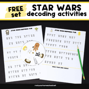 Two pages and decoder wheel of Star Wars decoding activities with green pencil.