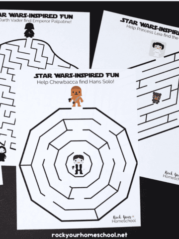 3 examples of free printable Star Wars mazes for kids.