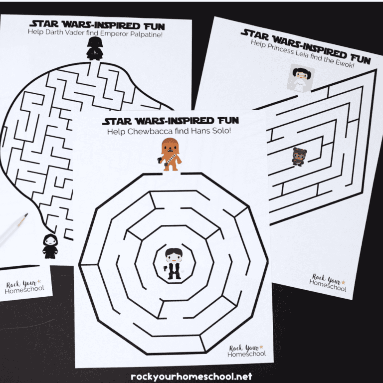 3 examples of free printable Star Wars mazes for kids.