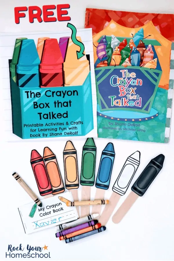 The Crayon Box That Talked book and cover to free printable pack of activities for this book and crayon story props and crayons on white background