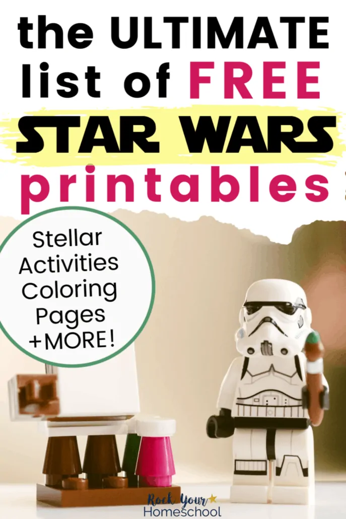 Storm Trooper Lego figure with paint brush and easel & paints to feature the variety of Star Wars fun you can have with this Ultimate List of Free Star Wars-Inspired Printables