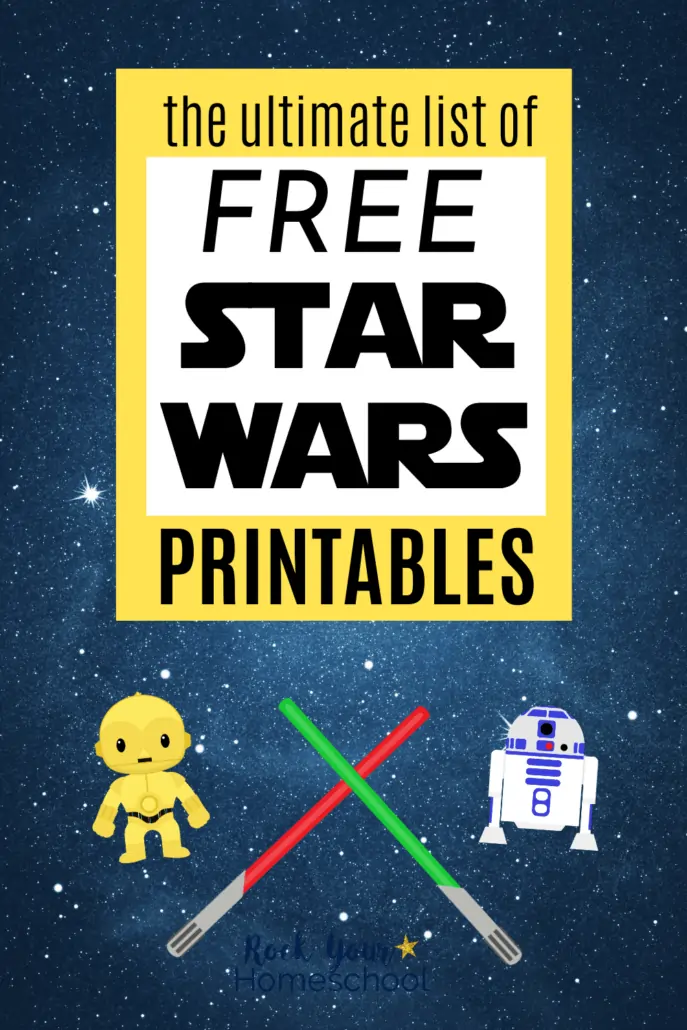 Cute C-3PO and R2-D2 and red and green light sabers on space background to feature the stellar fun you\'ll have with this ultimate list of Free Star Wars Printables