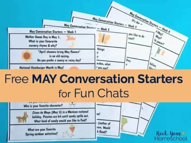 Free printable set of May conversation starters for kids on blue background