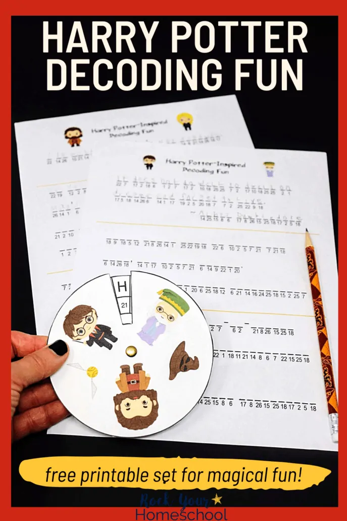 Woman holding Harry Potter decoder ring with printable activities and Gryffindor pencil in background to feature the magical learning fun you can have with these free Harry Potter printables