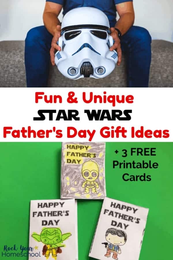 Man wearing blue shirt and jeans holding Star Wars Storm Trooper helmet and 3 free printable Star Wars Happy Father\'s Day cards featuring C3-PO, Yoda, & Han Solo on green background