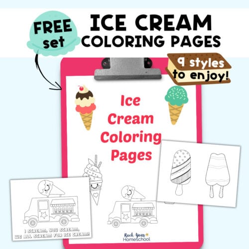 Examples from free printable set of ice cream coloring pages.