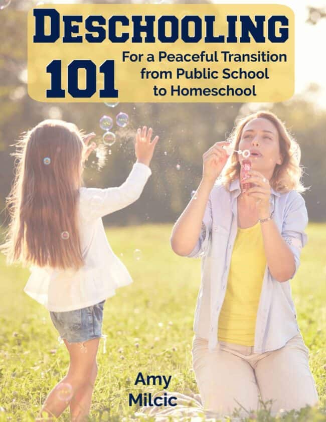 mom blowing bubbles with daughter in a field to feature Deschooling 101 for a peaceful transition from public school to homeschool