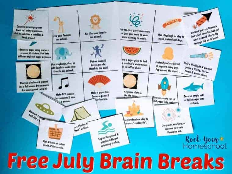 Need some easy ways to have fun with kids this summer? These free printable cards of July Brain Breaks are great for summer break, family fun, & homeschool activities!