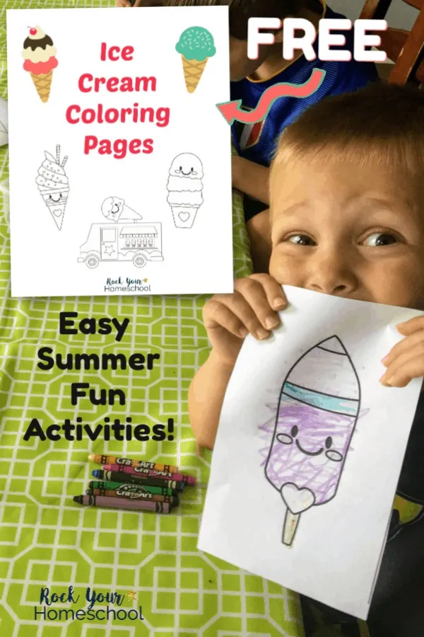 Boy smiling while holding ice cream coloring page with lime green tablecloth and crayons in background and free ice cream coloring pages cover