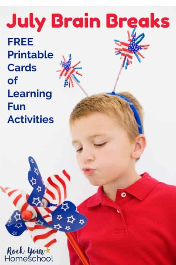 Boy wearing red Polo shirt blowing on patriotic pinwheel & wearing patriotic headband with white background