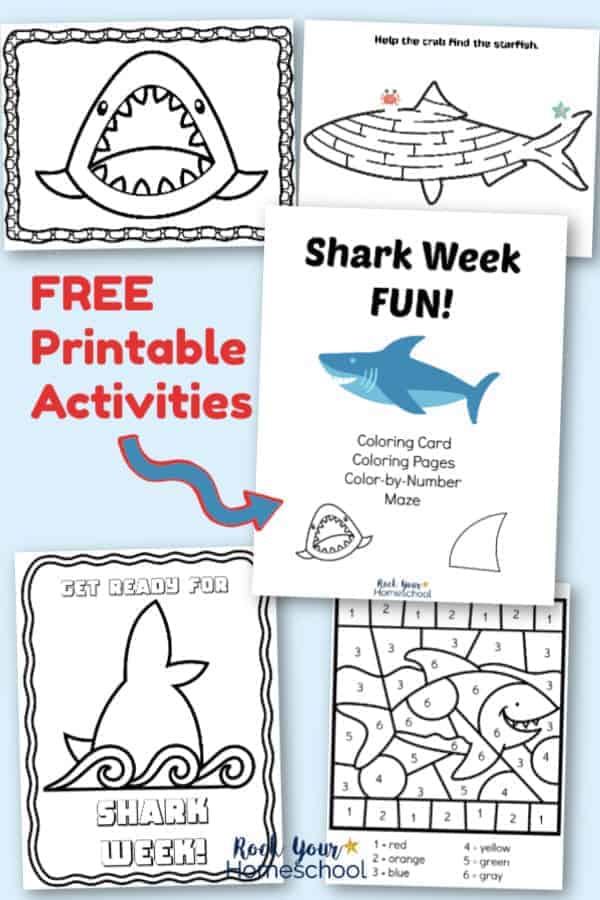 Shark Week Fun printable activities featuring coloring pages, maze, card, & color by number fun on light blue background