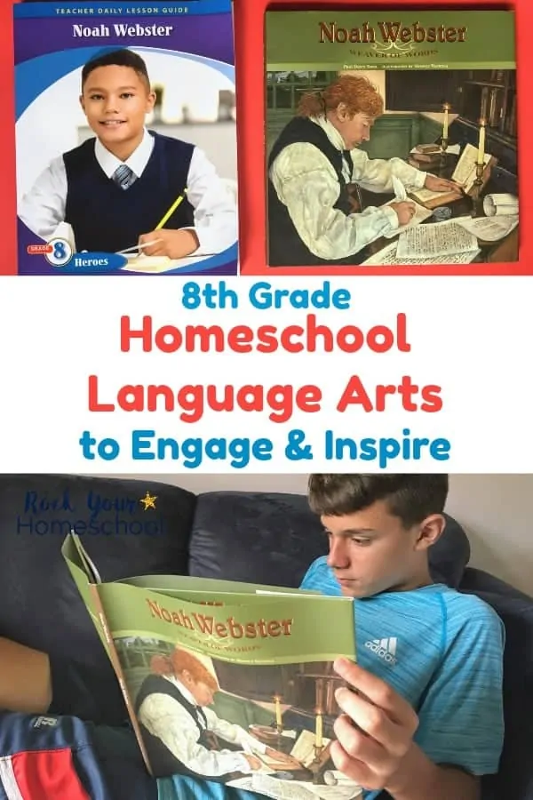 8th grade homeschool language arts teacher's guide & book on red background plus teen boy reading book on blue couch