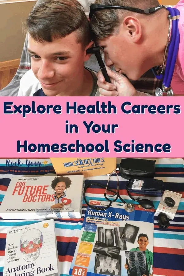 Teen boy using otoscope to examine teen patient & variety of homeschool science materials to explore health careers