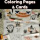 Halloween coloring pages & cards on spider web tablecloth with markers for kids to enjoy