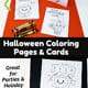 3 free printable Halloween cards for kids featuring vampire, witch, and Frankenstein on orange paper with crayons and cute Frankenstein monster coloring page with Happy Halloween on black paper with crayons