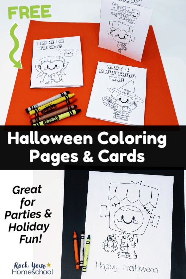 3 free printable Halloween cards for kids featuring vampire, witch, and Frankenstein on orange paper with crayons and cute Frankenstein monster coloring page with Happy Halloween on black paper with crayons